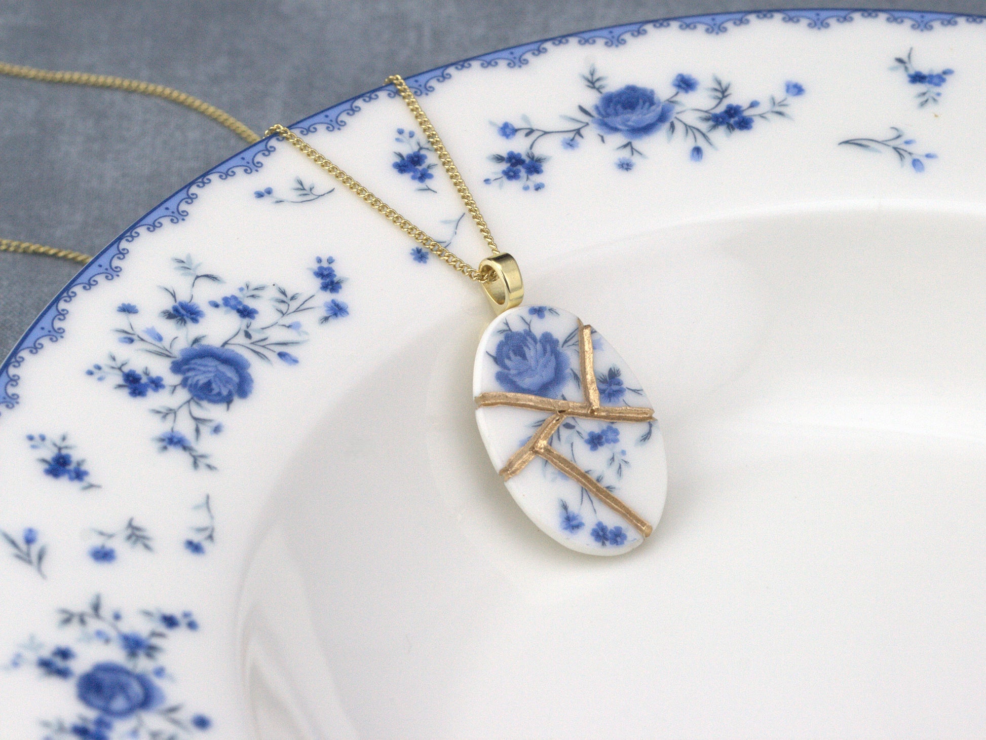 Soft Blue Floral Kintsugi Necklace Kintsugi Reborn