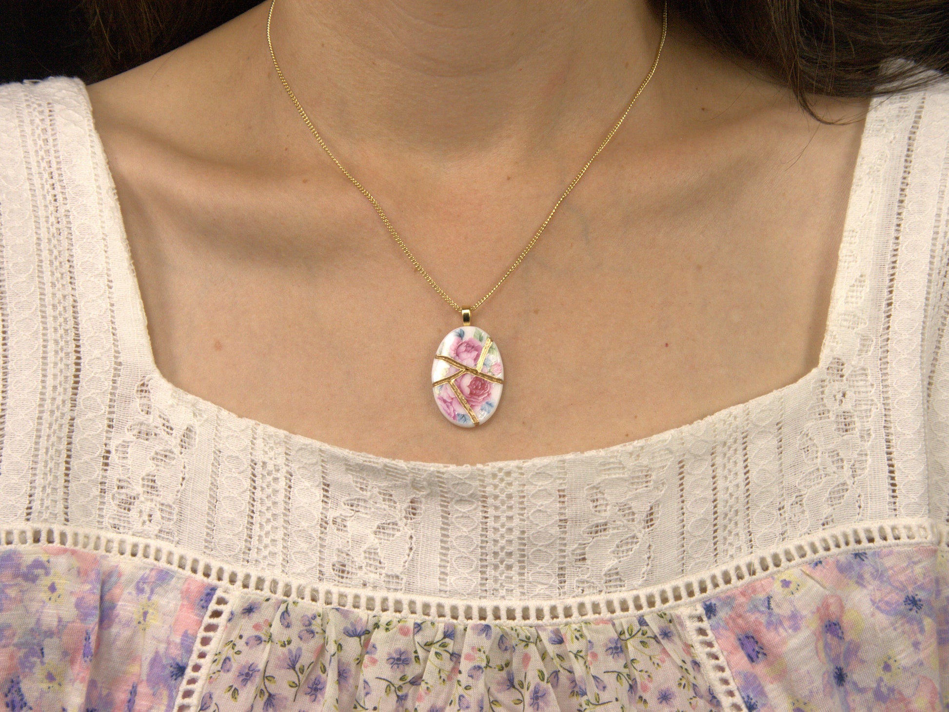 Blooming Pink Rose Kintsugi Necklace Kintsugi Reborn