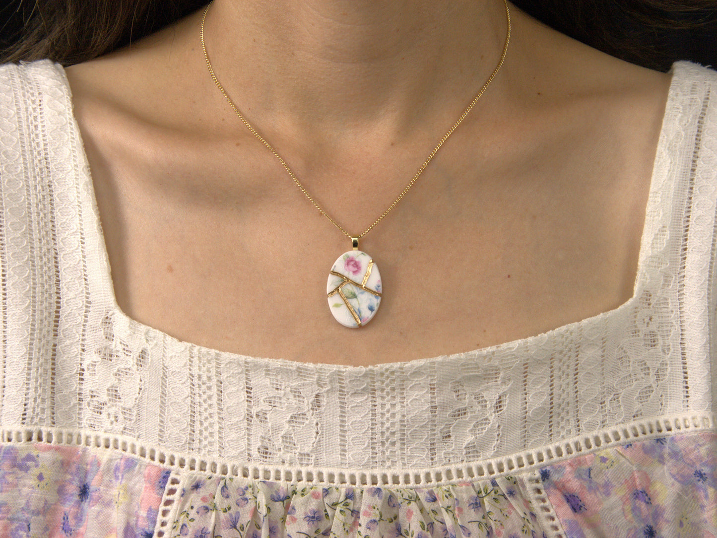 Soft Pastel Floral Kintsugi Necklace Item#P403 Kintsugi Reborn