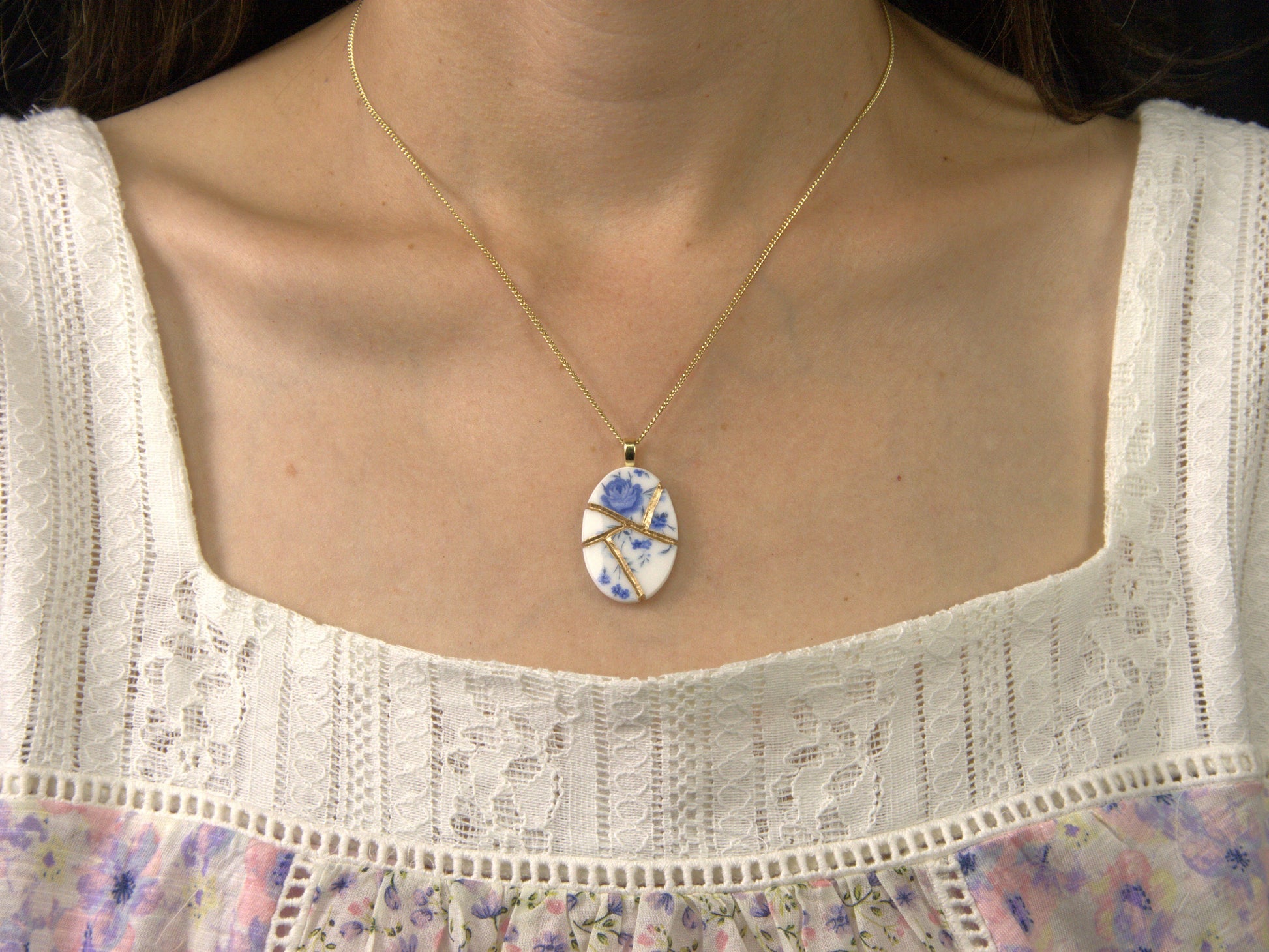 Soft Blue Floral Kintsugi Necklace Kintsugi Reborn