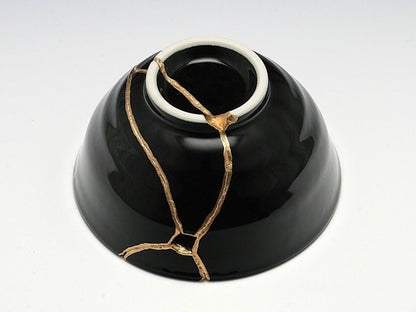 Medium Black and White Kintsugi Bowl with Swirl Pattern Kintsugi Reborn