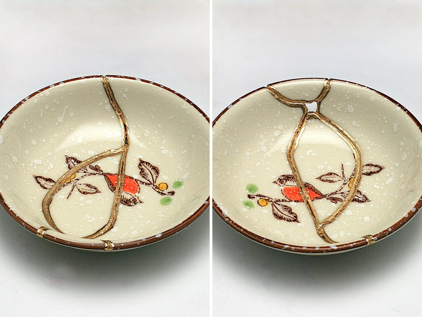 Small Beige Kintsugi Plate with Bird Image Kintsugi Reborn