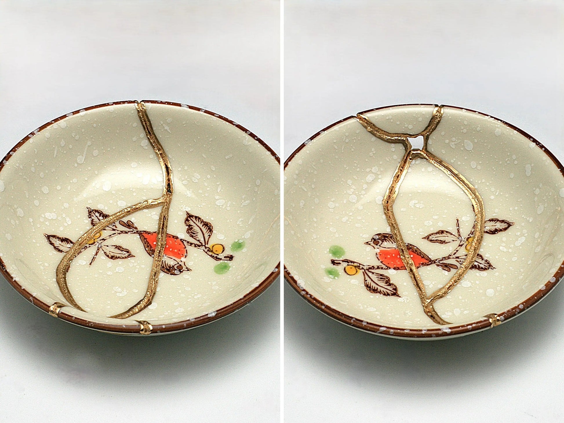 Small Beige Kintsugi Plate with Bird Image Kintsugi Reborn