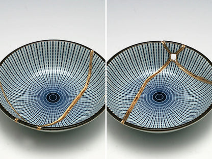 Small Blue and White Kintsugi Plate with Lines Kintsugi Reborn
