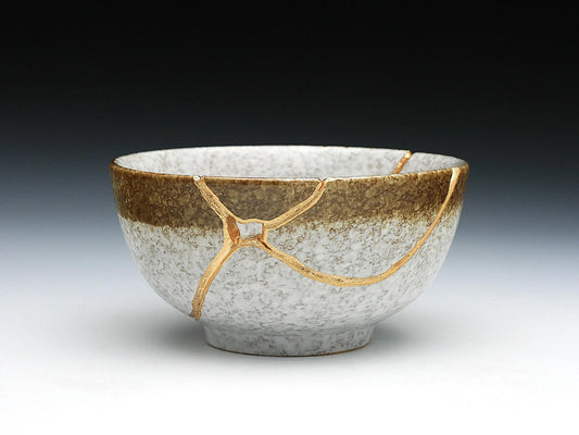 Medium Brown and White Kintsugi Bowl with Texture Kintsugi Reborn