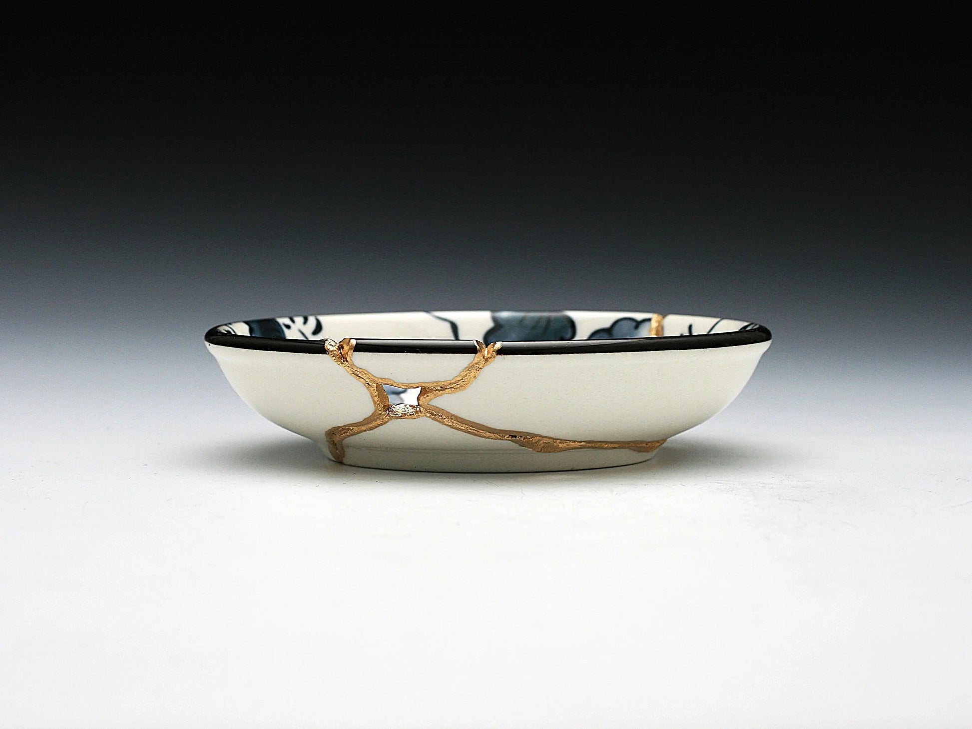 Small Blue and White Kintsugi Plate with Leaves Kintsugi Reborn