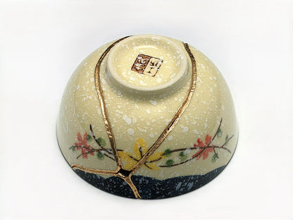Medium Beige Kintsugi Bowl with Red and Yellow Flowers Kintsugi Reborn
