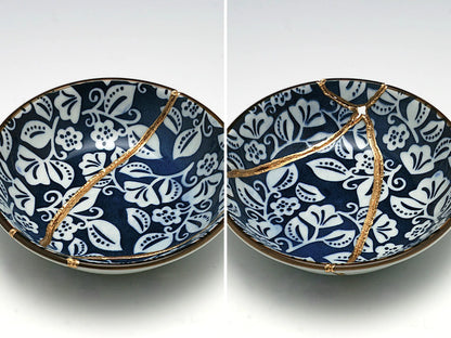 Small Blue and White Kintsugi Plate with Leaves Kintsugi Reborn