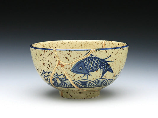 Medium Beige Kintsugi Bowl with Fish Image Kintsugi Reborn