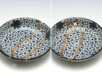 Small Blue and White Kintsugi Plate With Small Flowers Kintsugi Reborn