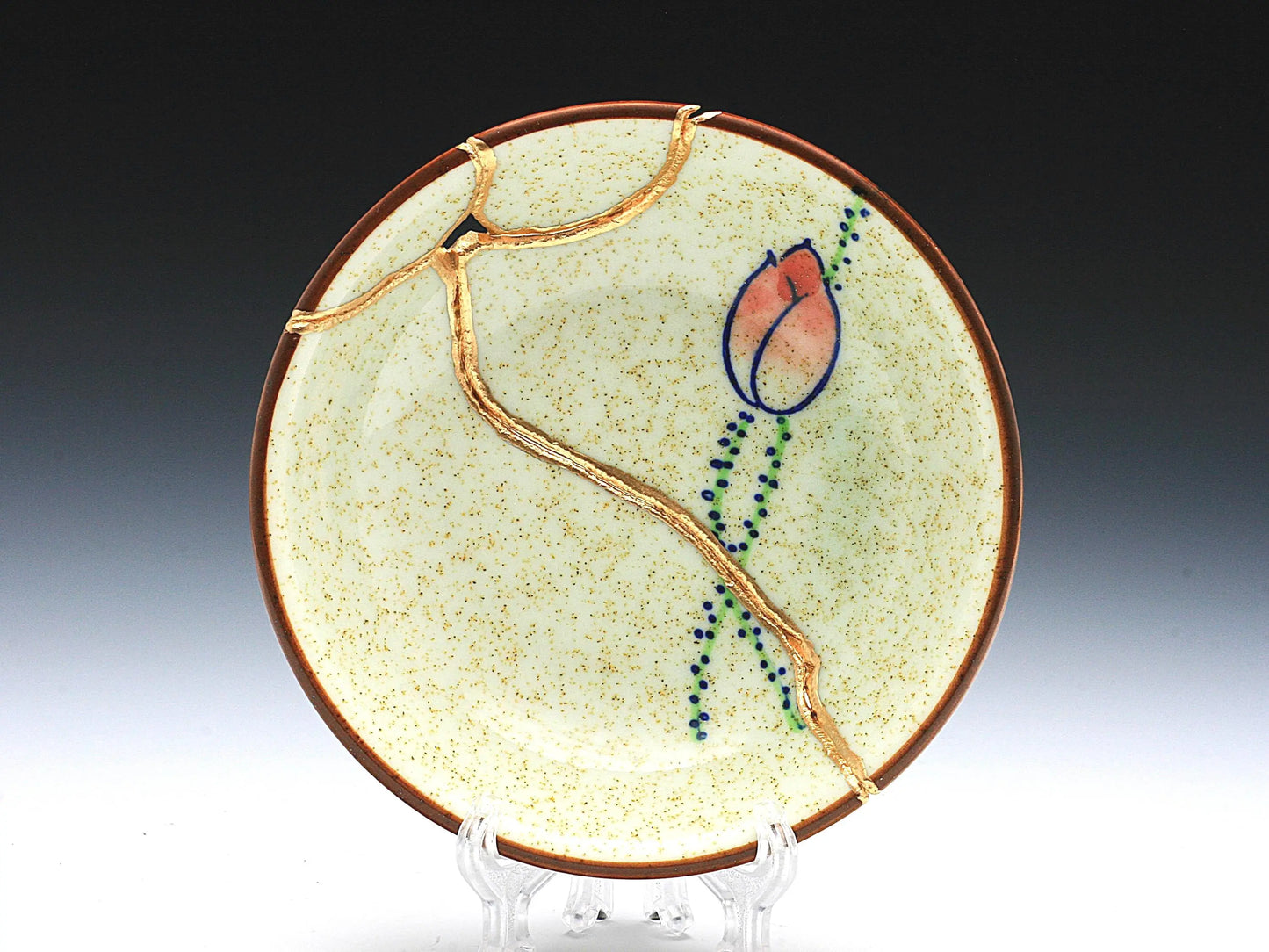 Small Beige Kintsugi Plate with Rose Image Kintsugi Reborn