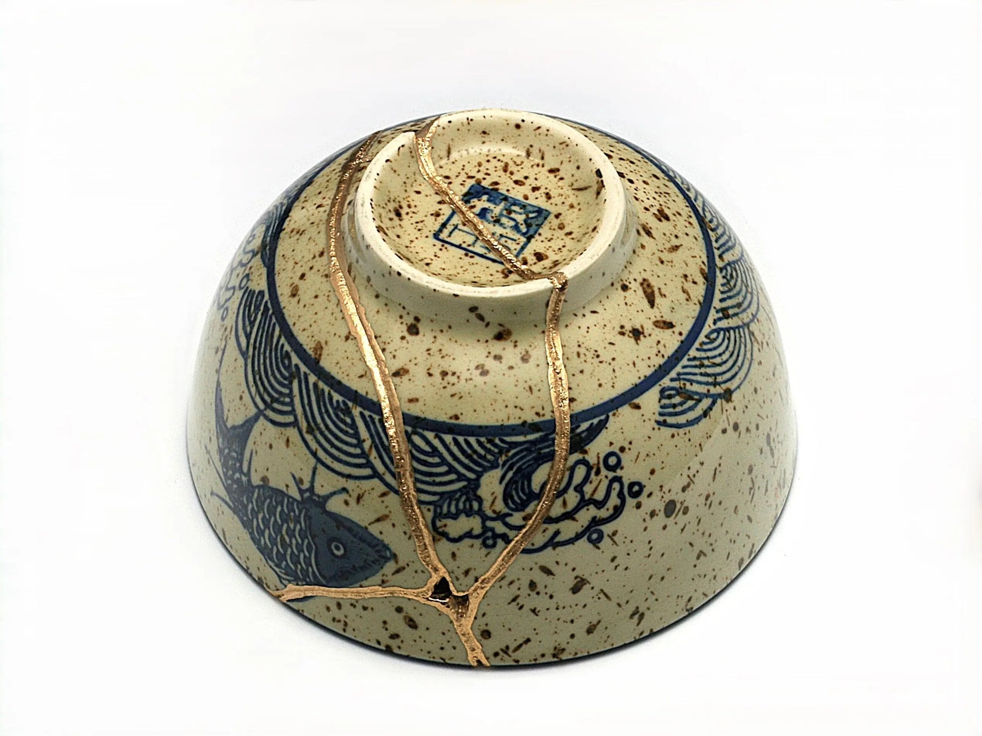 Medium Beige Kintsugi Bowl with Fish Image Kintsugi Reborn