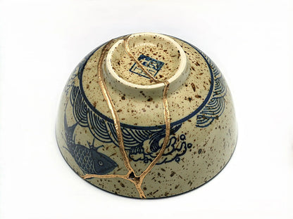 Medium Beige Kintsugi Bowl with Fish Image Kintsugi Reborn