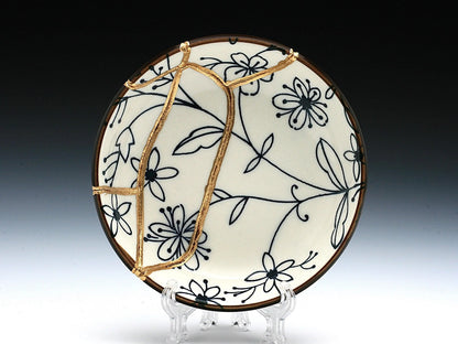 Small Blue and White Kintsugi Plate with Flower Images Kintsugi Reborn