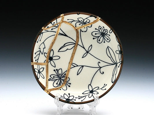 Small Blue and White Kintsugi Plate with Flower Images Kintsugi Reborn