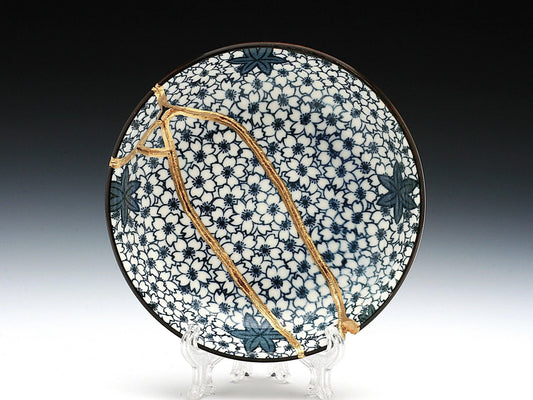 Small Blue and White Kintsugi Plate With Small Flowers Kintsugi Reborn