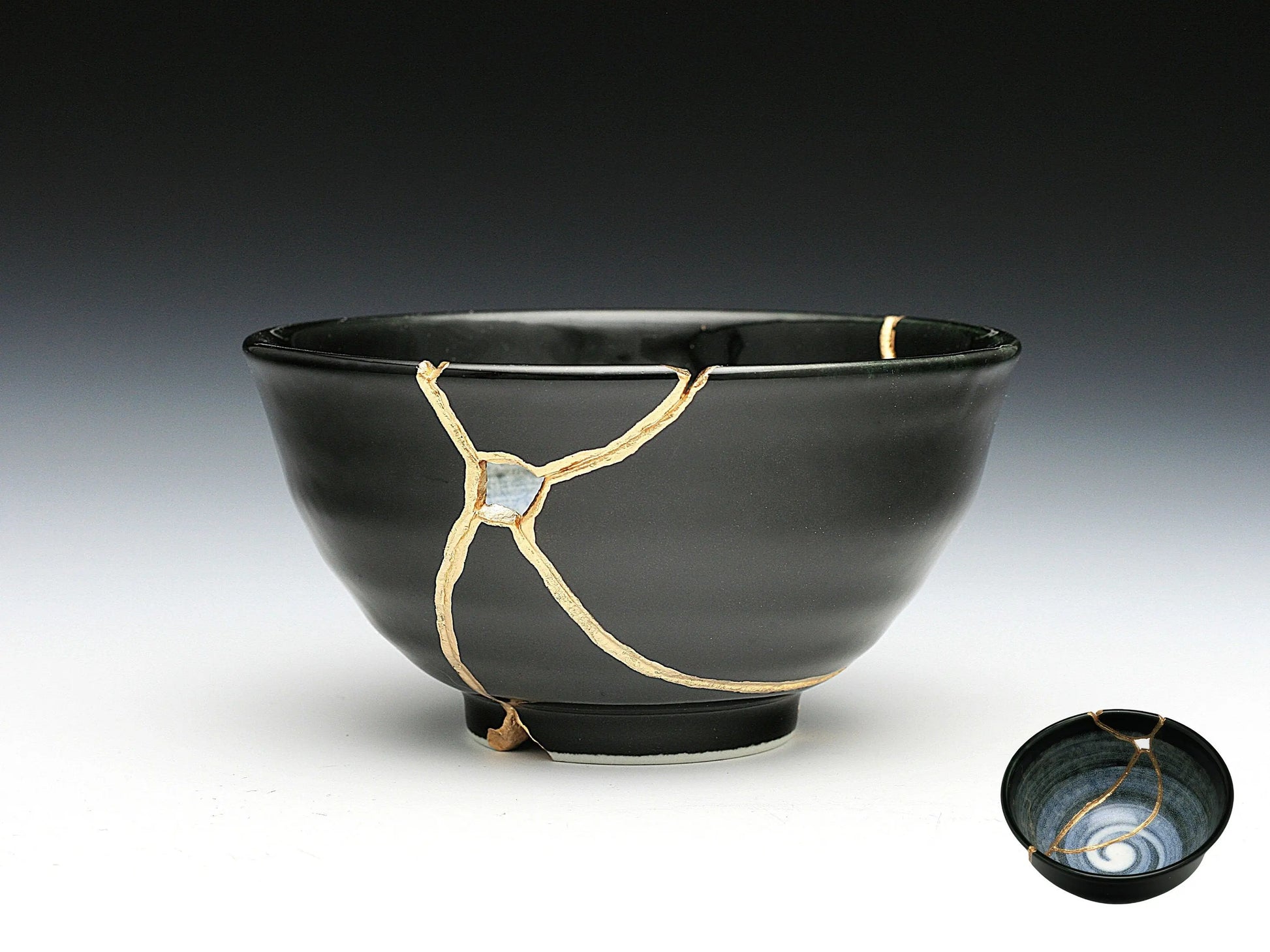 Medium Black and White Kintsugi Bowl with Swirl Pattern Kintsugi Reborn