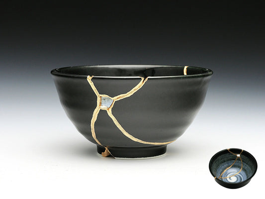 Medium Black and White Kintsugi Bowl with Swirl Pattern Kintsugi Reborn