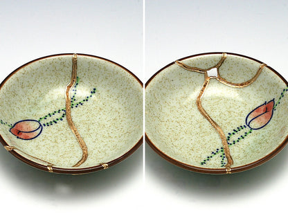 Small Beige Kintsugi Plate with Rose Image Kintsugi Reborn
