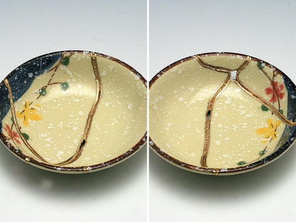 Small Beige Kintsugi Plate with Red and Yellow Flowers Kintsugi Reborn