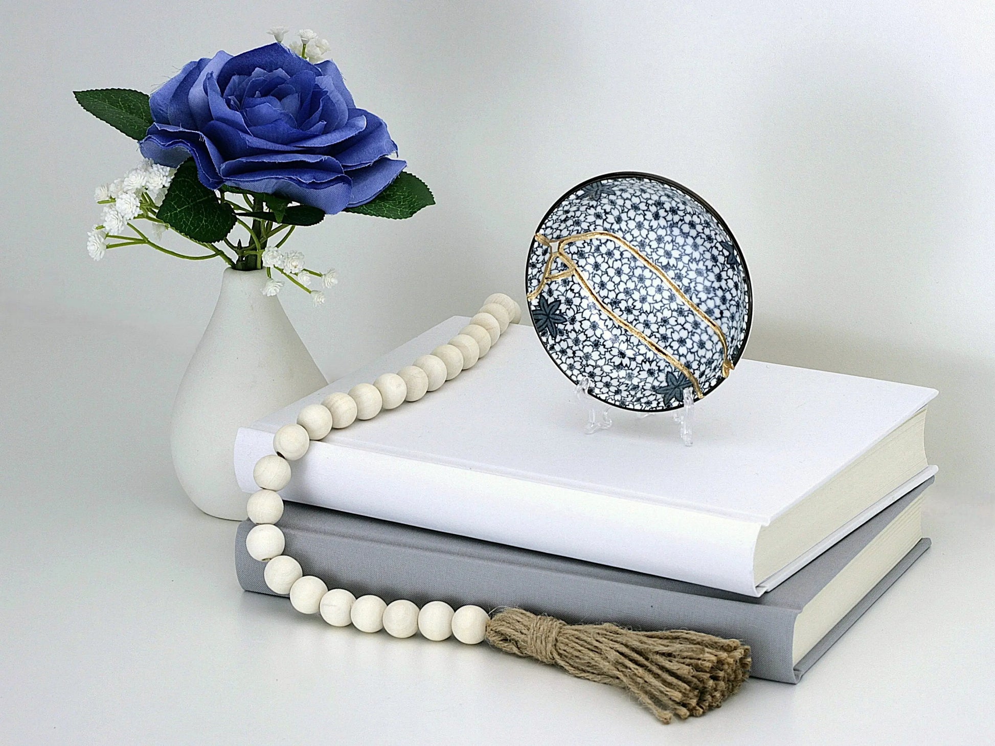 Small Blue and White Kintsugi Plate With Small Flowers Kintsugi Reborn