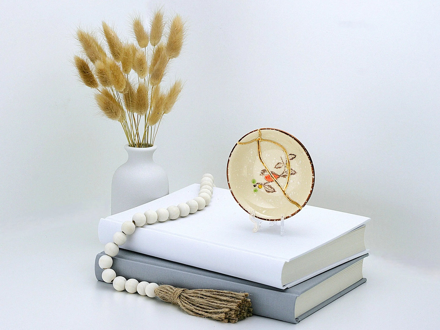 Small Beige Kintsugi Plate with Bird Image Kintsugi Reborn