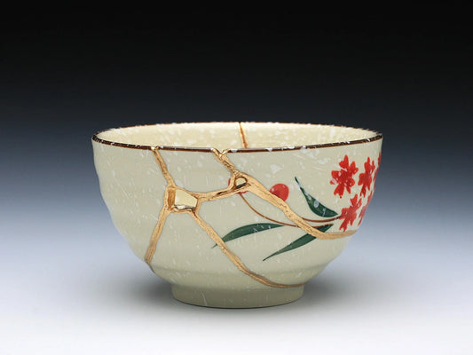 Medium Kintsugi Bowl with Red Flowers Kintsugi Reborn