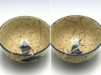 Medium Beige Kintsugi Bowl with Fish Image Kintsugi Reborn