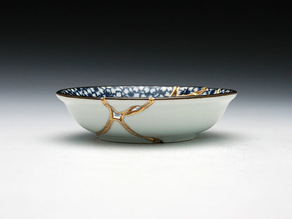 Small Blue and White Kintsugi Plate with Small Flowers Kintsugi Reborn