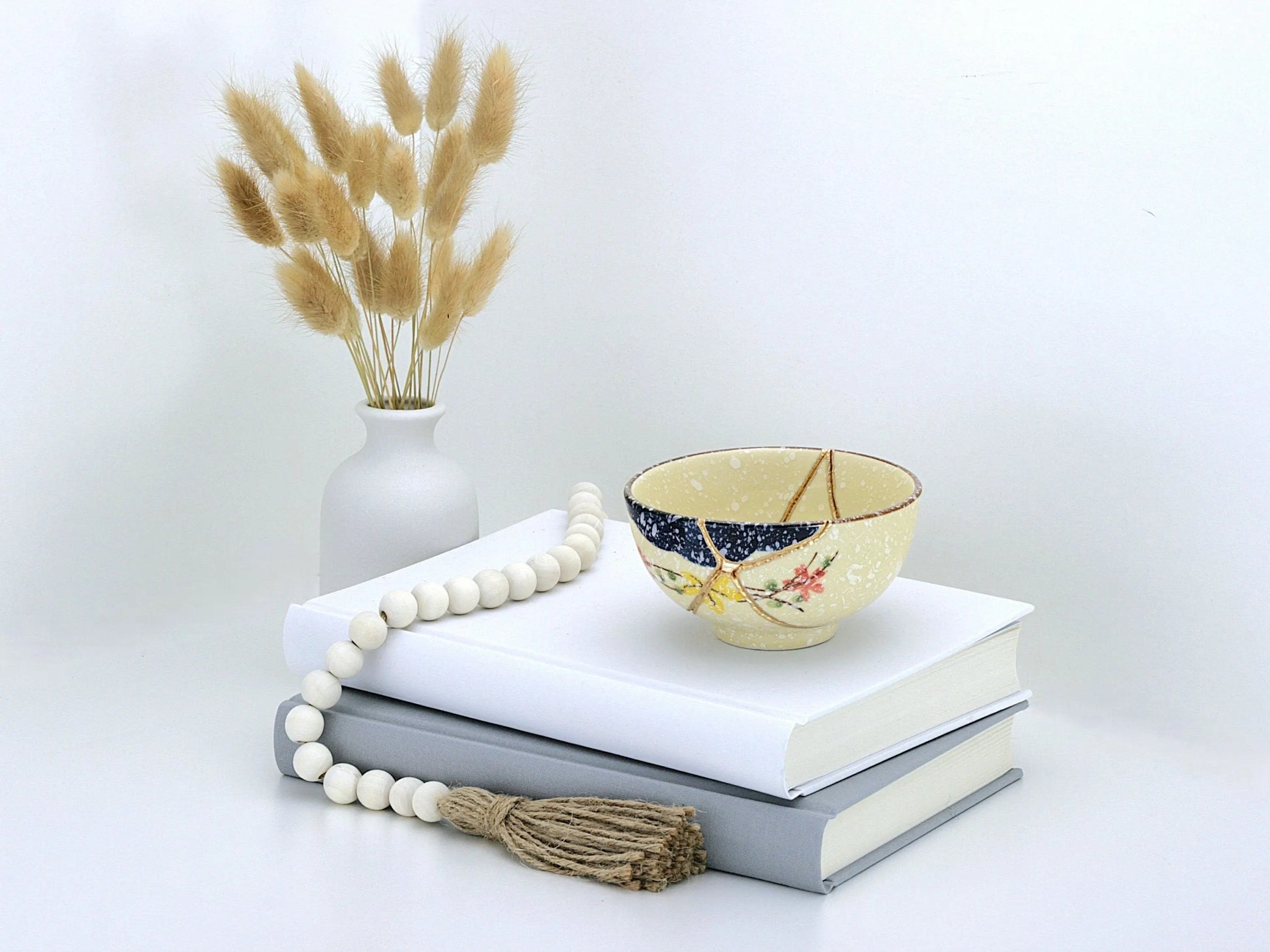 Medium Beige Kintsugi Bowl with Red and Yellow Flowers Kintsugi Reborn