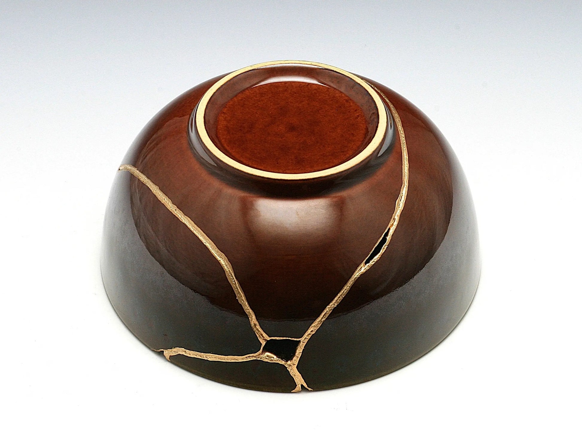 Large Brown Kintsugi Bowl with Peacock Pattern Kintsugi Reborn