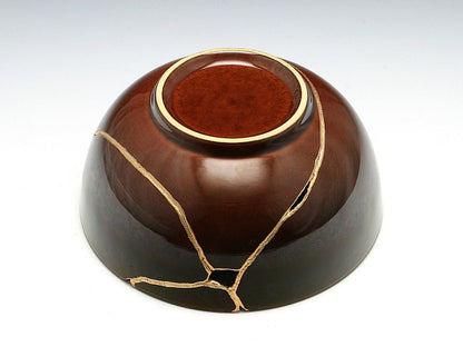 Large Brown Kintsugi Bowl with Peacock Pattern Kintsugi Reborn