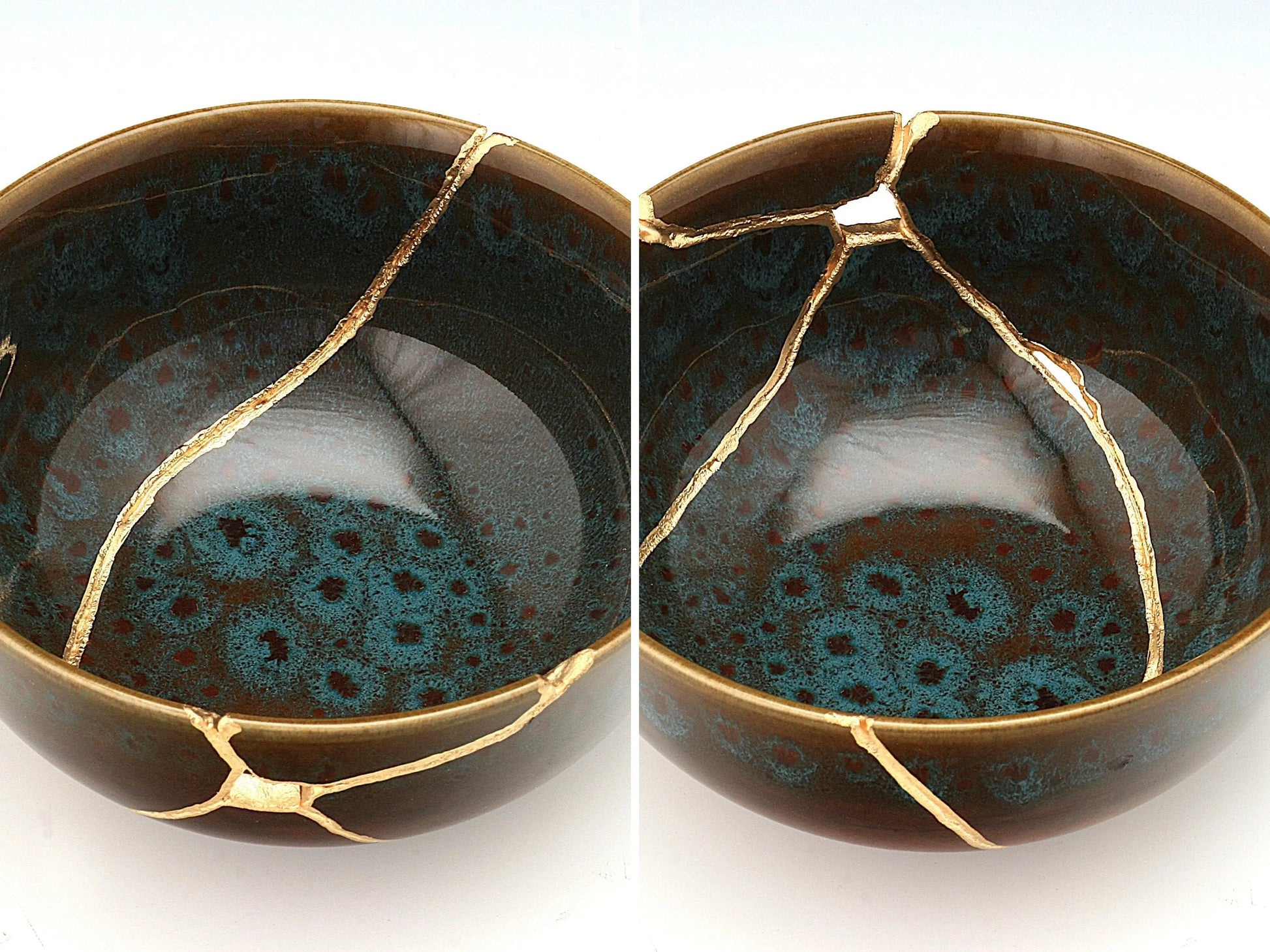 Large Brown Kintsugi Bowl with Peacock Pattern Kintsugi Reborn