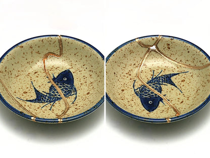 Small Beige Kintsugi Plate with Fish Image Kintsugi Reborn