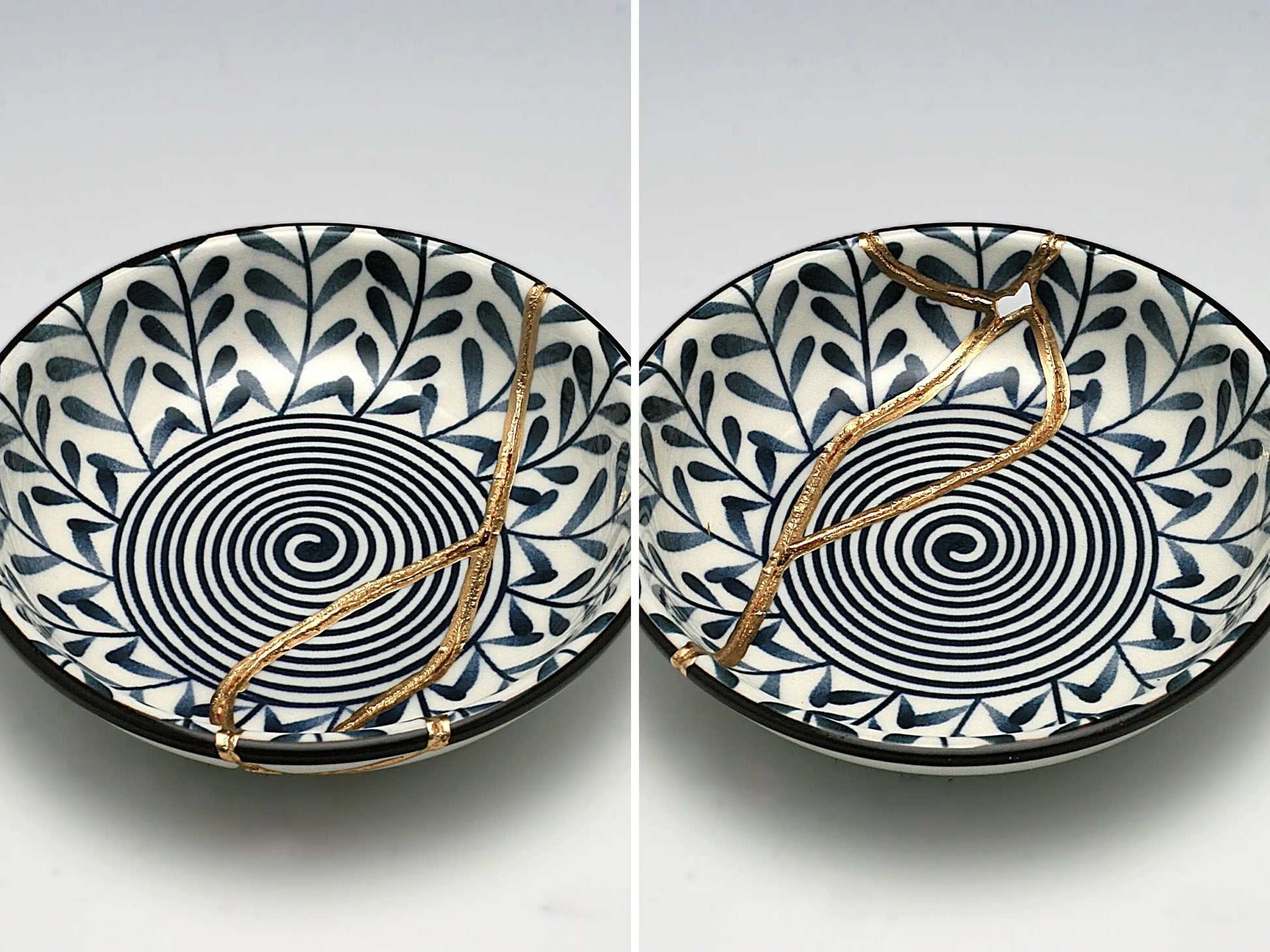 Small Blue and White Kintsugi Plate with Leaves and Swirl Kintsugi Reborn