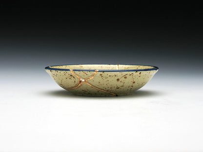 Small Beige Kintsugi Plate with Fish Image Kintsugi Reborn