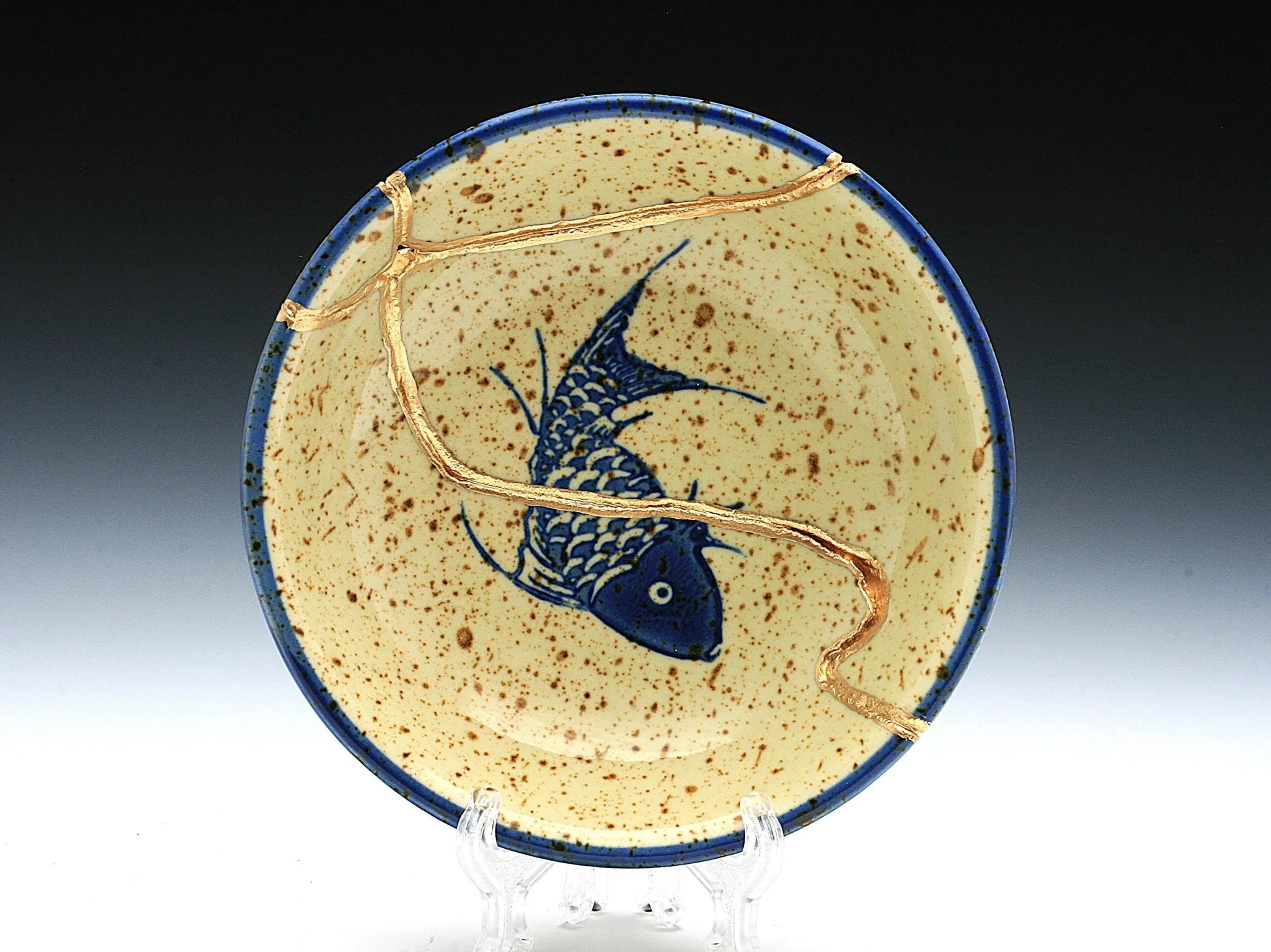 Small Beige Kintsugi Plate with Fish Image Kintsugi Reborn