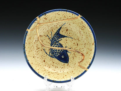 Small Beige Kintsugi Plate with Fish Image Kintsugi Reborn