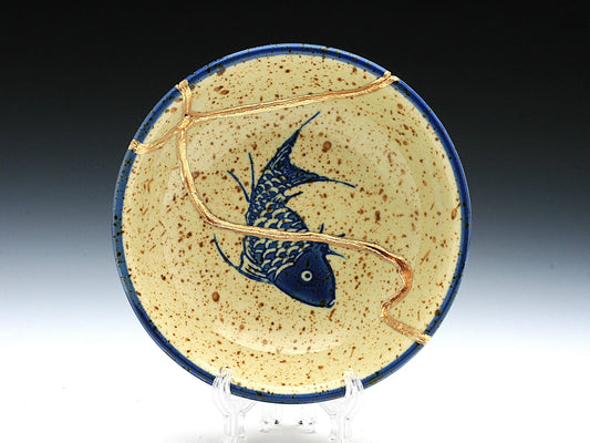 Small Beige Kintsugi Plate with Fish Image Kintsugi Reborn