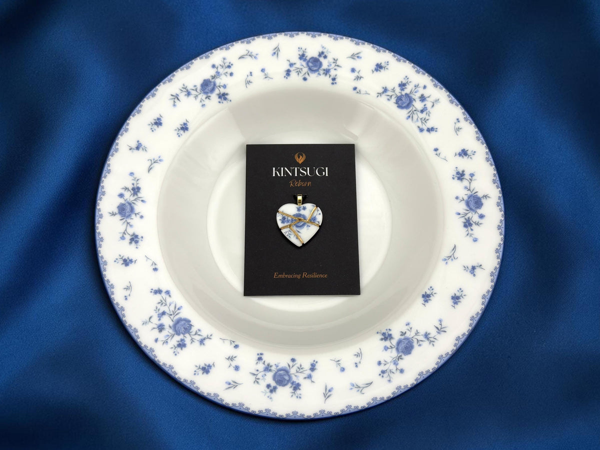 Blue Floral Kintsugi Heart Necklace, Gold Seam Porcelain Pendant, 20th Anniversary, China Anniversary