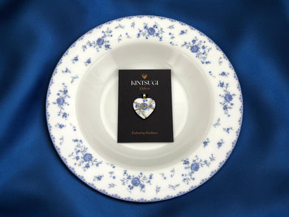 Blue Floral Kintsugi Heart Necklace, Gold Seam Porcelain Pendant, 20th Anniversary, China Anniversary