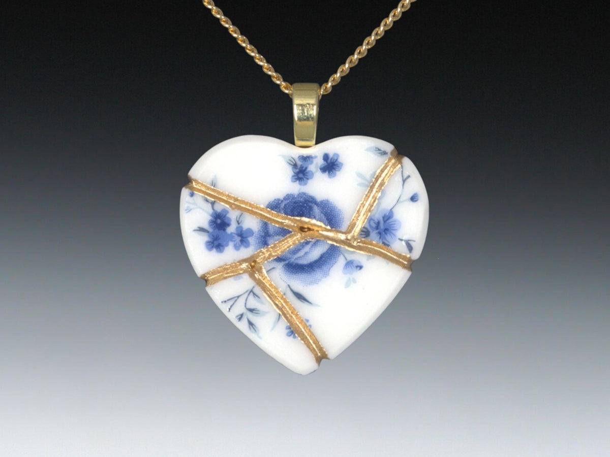 Blue Floral Kintsugi Heart Necklace, Gold Seam Porcelain Pendant, 20th Anniversary, China Anniversary