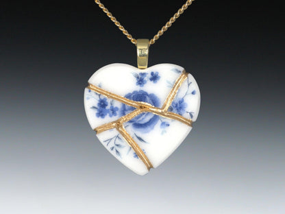 Blue Floral Kintsugi Heart Necklace, Gold Seam Porcelain Pendant, 20th Anniversary, China Anniversary