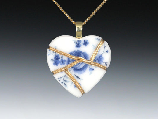 Blue Floral Kintsugi Heart Necklace, Gold Seam Porcelain Pendant, 20th Anniversary, China Anniversary