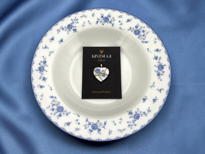 Blue Floral Kintsugi Heart Necklace, Gold Seam Porcelain Pendant, 20th Anniversary, China Anniversary