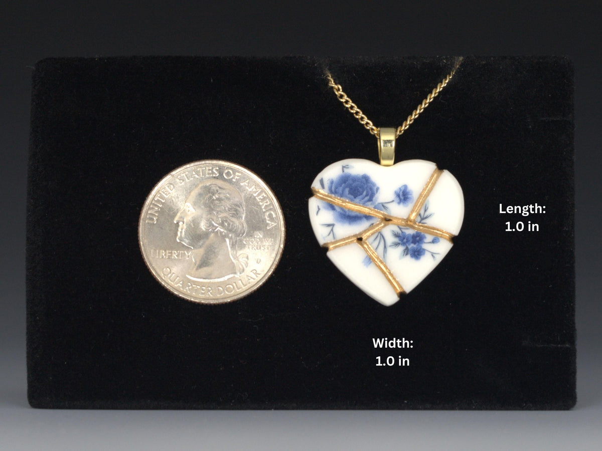 Blue Floral Kintsugi Heart Necklace, Gold Seam Porcelain Pendant, 20th Anniversary, China Anniversary