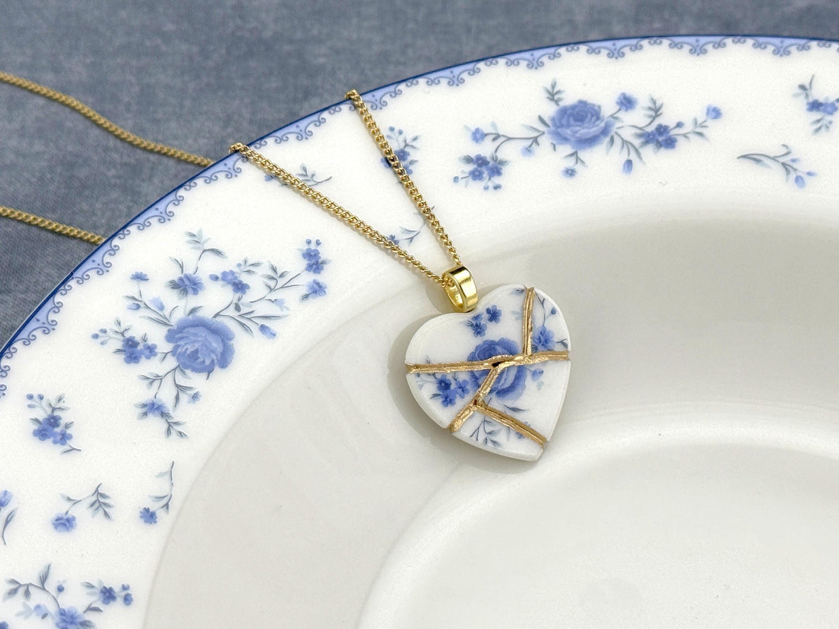 Blue Floral Kintsugi Heart Necklace, Gold Seam Porcelain Pendant, 20th Anniversary, China Anniversary