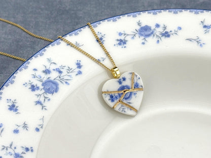Blue Floral Kintsugi Heart Necklace, Gold Seam Porcelain Pendant, 20th Anniversary, China Anniversary
