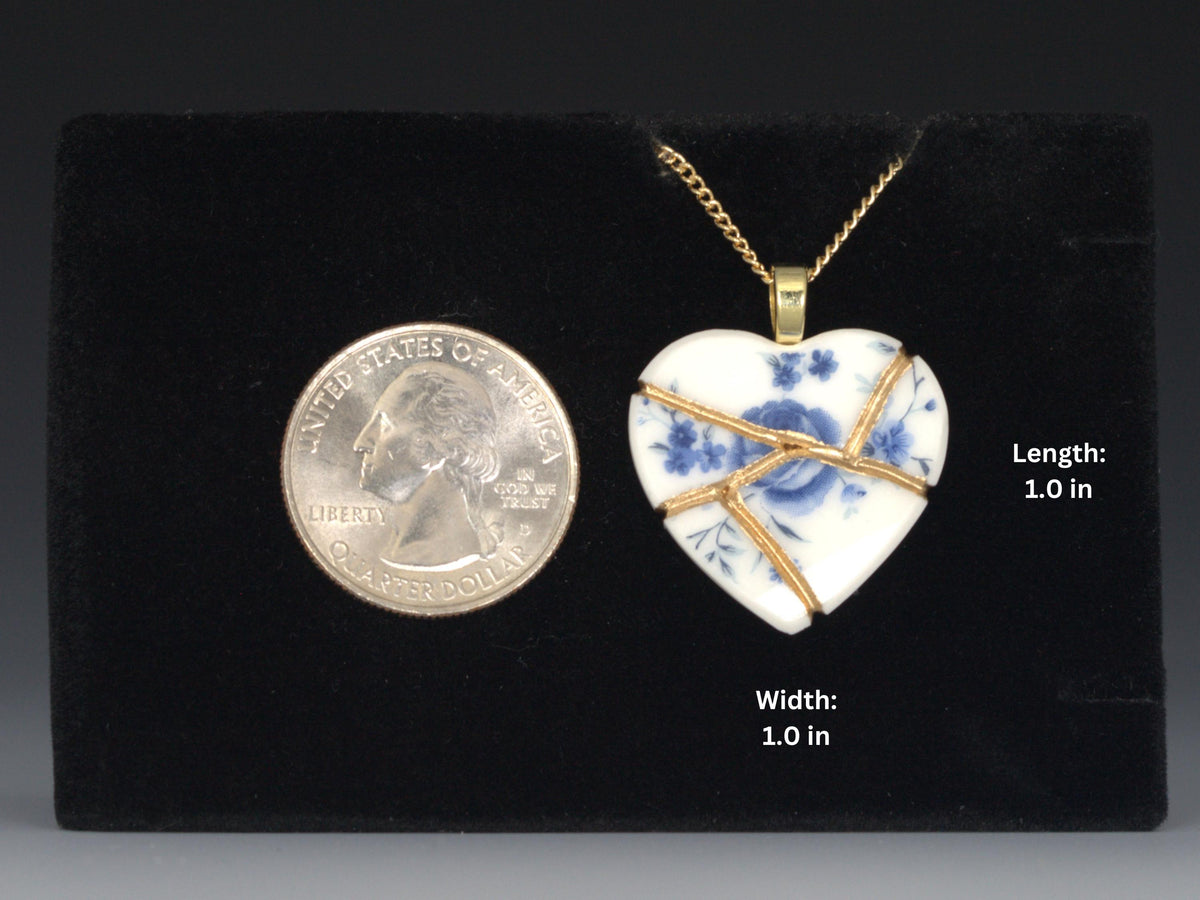 Blue Floral Kintsugi Heart Necklace, Gold Seam Porcelain Pendant, 20th Anniversary, China Anniversary