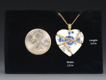 Blue Floral Kintsugi Heart Necklace, Gold Seam Porcelain Pendant, 20th Anniversary, China Anniversary